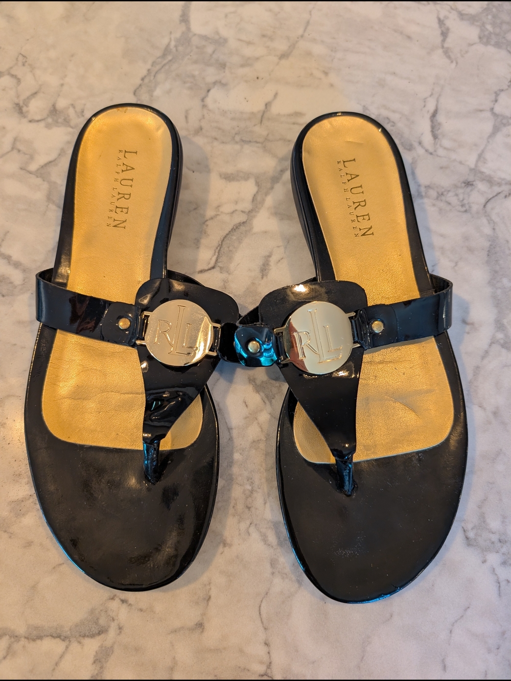 Lauren Ralph Lauren Black Patent Thong Sandals, sz 8